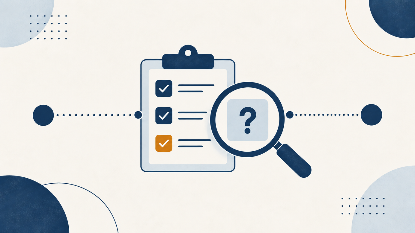 Ilustración plana de una tabla con lista de verificación y una lupa con signo de interrogación, que representa las preguntas para un proveedor de IA