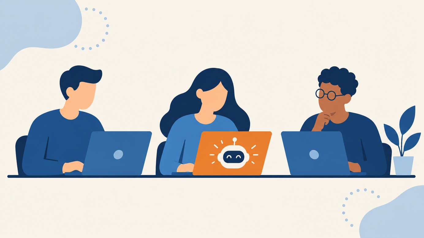 Flat illustration: three people working on laptops; the middle one, orange, shows a smiling robot face.