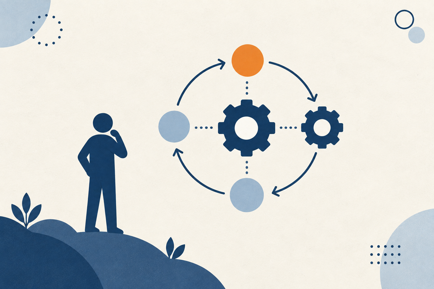 Flat illustration: a person looks at a loop of connected gears and nodes linked by arrows