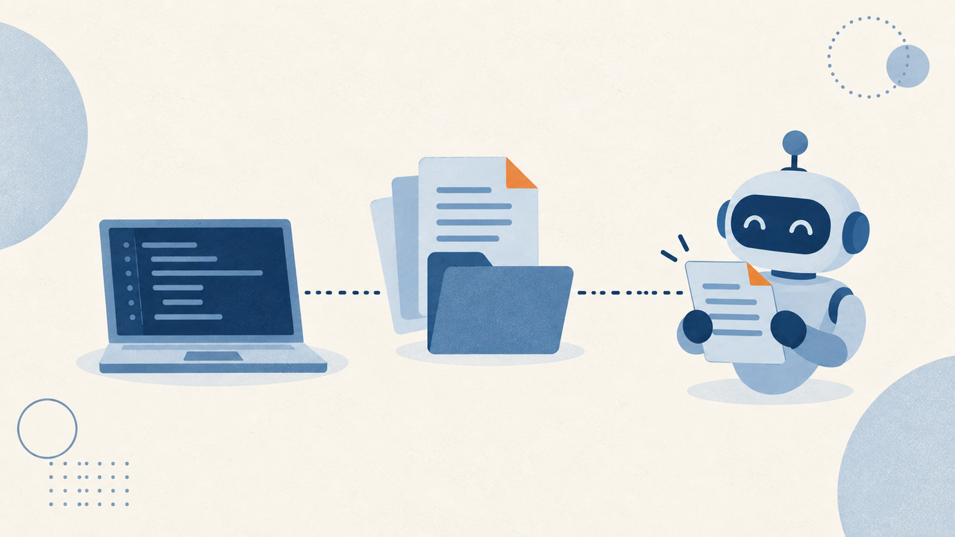 Flat illustration: a laptop, documents and an AI assistant reading a page