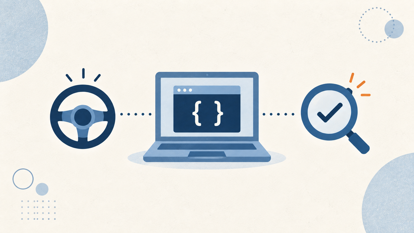 Flat illustration: a laptop with code, a steering wheel and a magnifying glass
