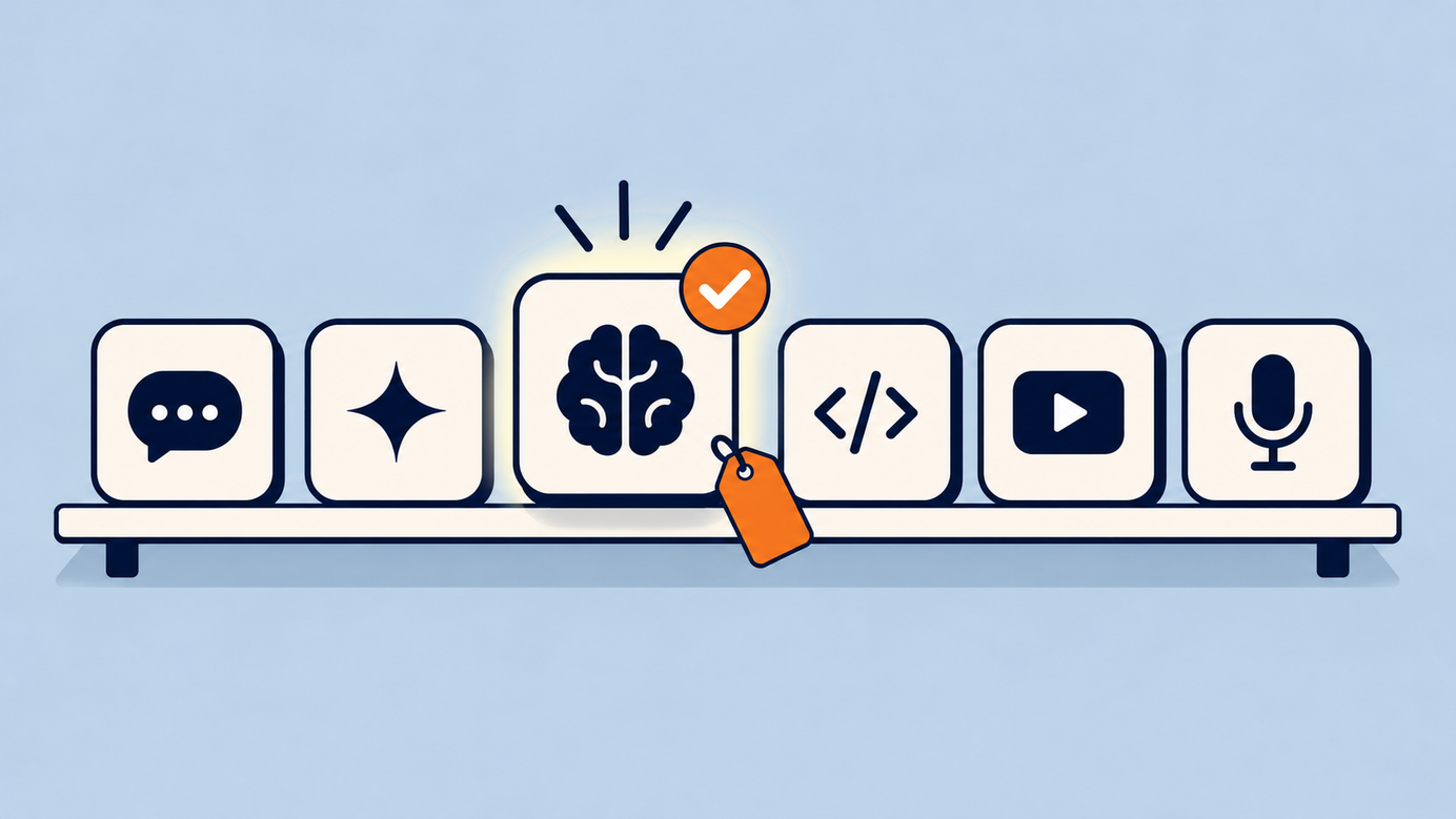 Flat illustration: a shelf of AI tool cards with a single one marked by an orange checkmark and a price tag