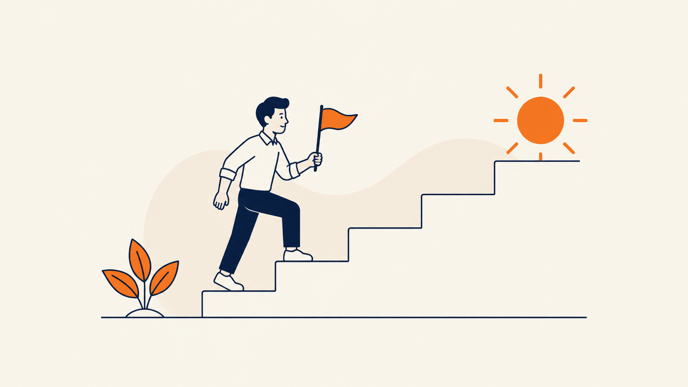 Illustration: a person calmly climbing five steps with a flag, an orange sun above the last step.