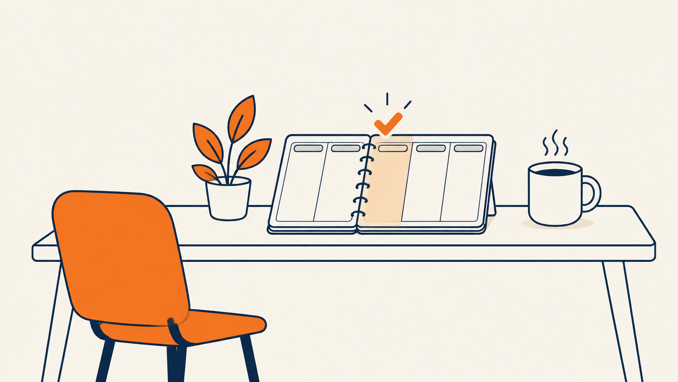 Ilustración: escritorio ordenado con un planeador semanal, un día marcado con una palomita naranja, una planta y una taza de café.