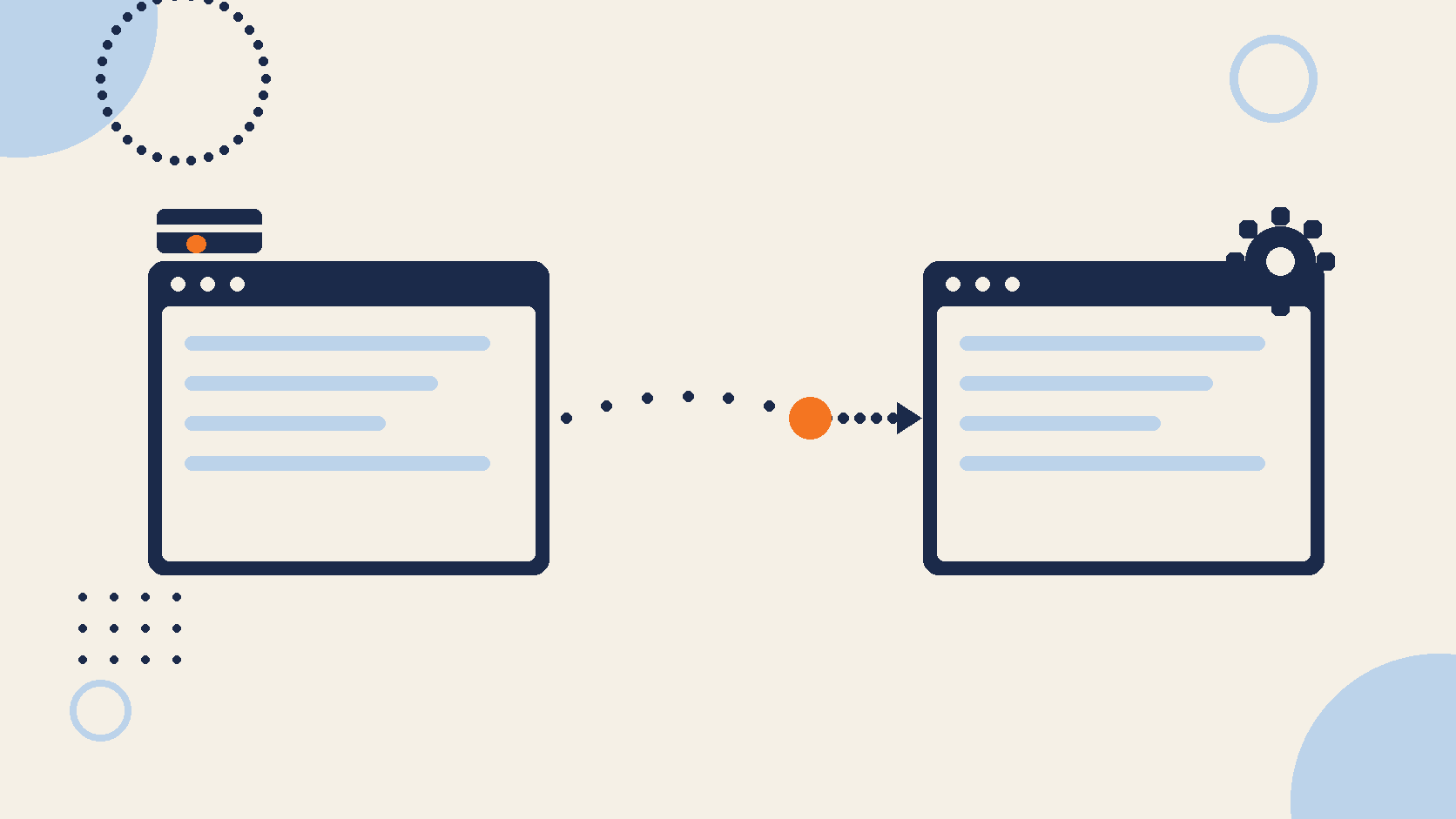 Flat illustration of two software windows with a dotted migration path between them