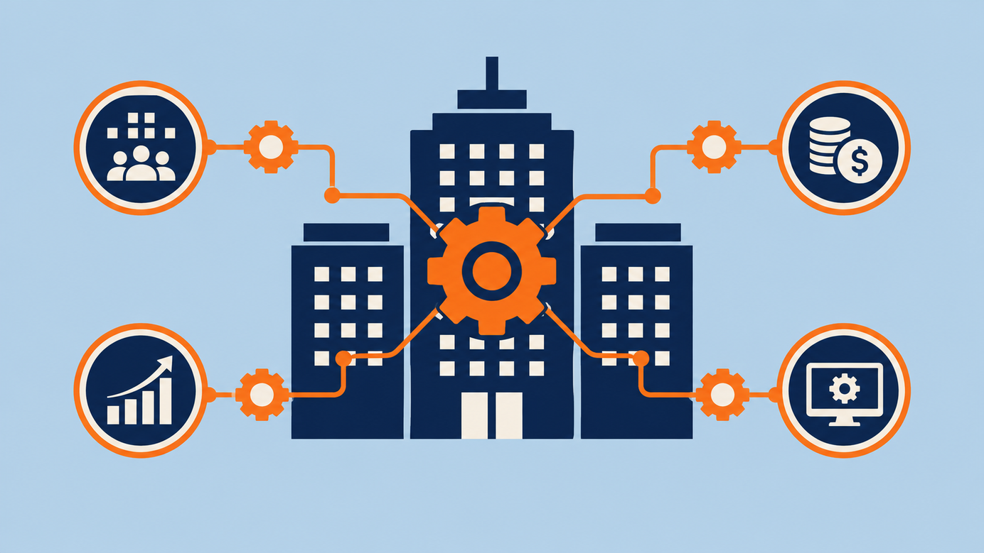 Flat illustration of a navy office building with orange gears connected by circuit lines