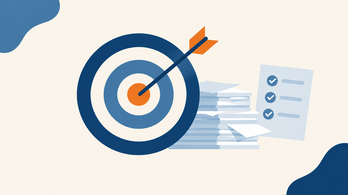 Illustration of a target with an arrow in the orange bullseye and checklists behind it.