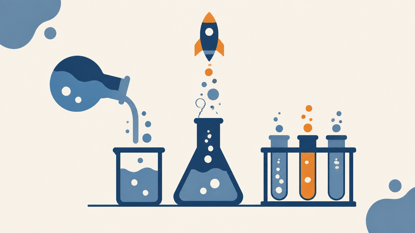 Illustration of laboratory flasks and test tubes with a small rocket launching from them.