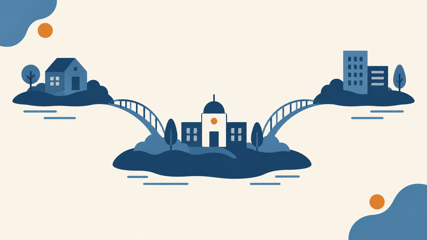 Illustration of two islands with a house and an office block connected by bridges to a central building with an orange door.