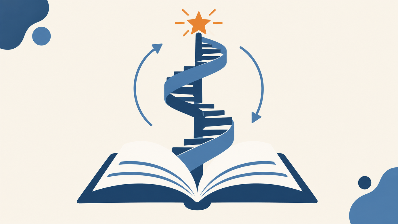 Ilustración de una escalera de caracol que sube desde un libro abierto hacia una estrella naranja, con flechas de ciclo.