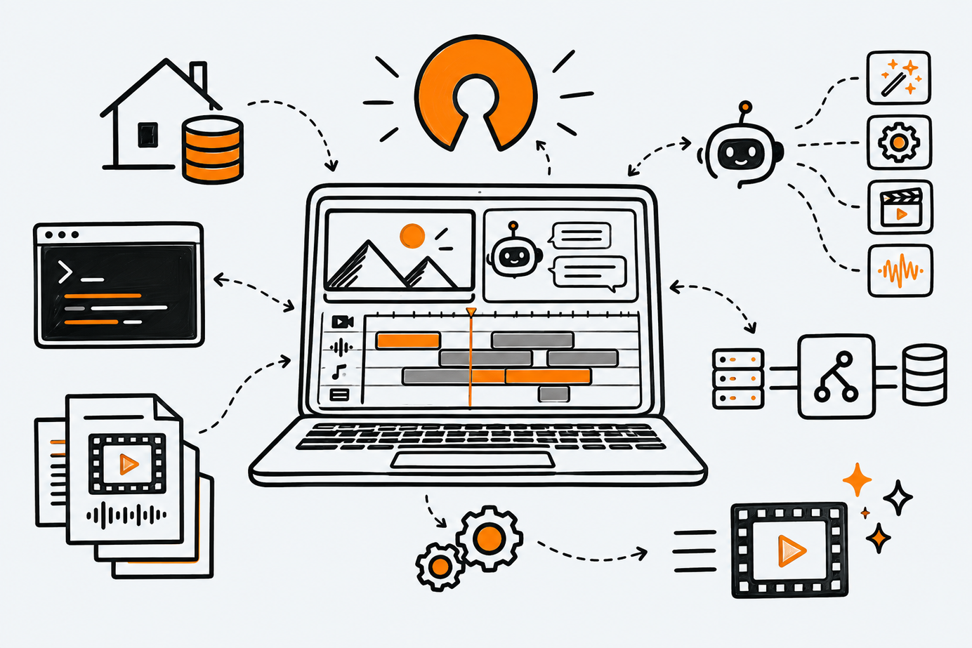 Doodle-style illustration for the 0xsline/OpenChatCut repository file.